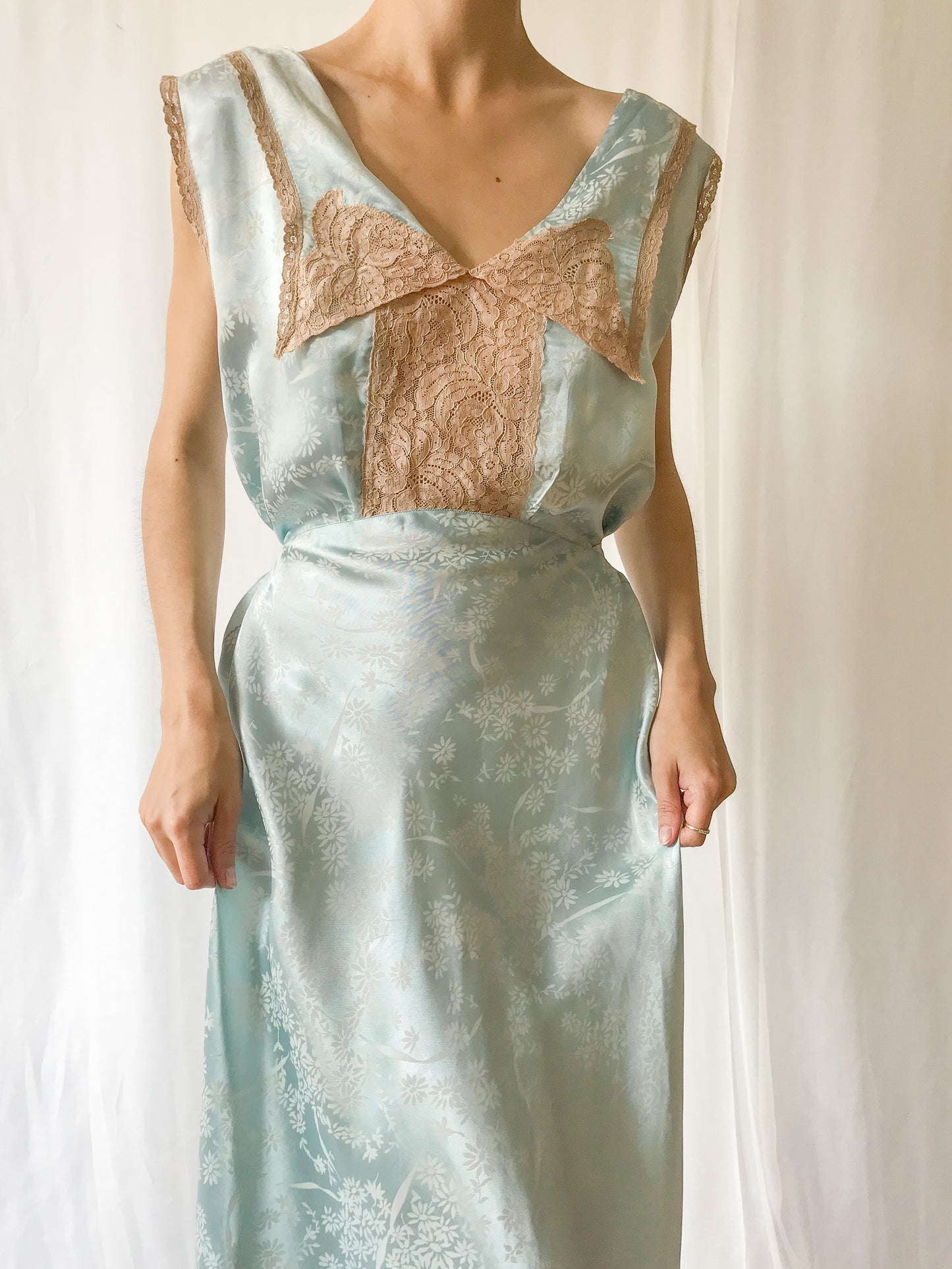 1930s Silk Blue Gown with Champagne Lace