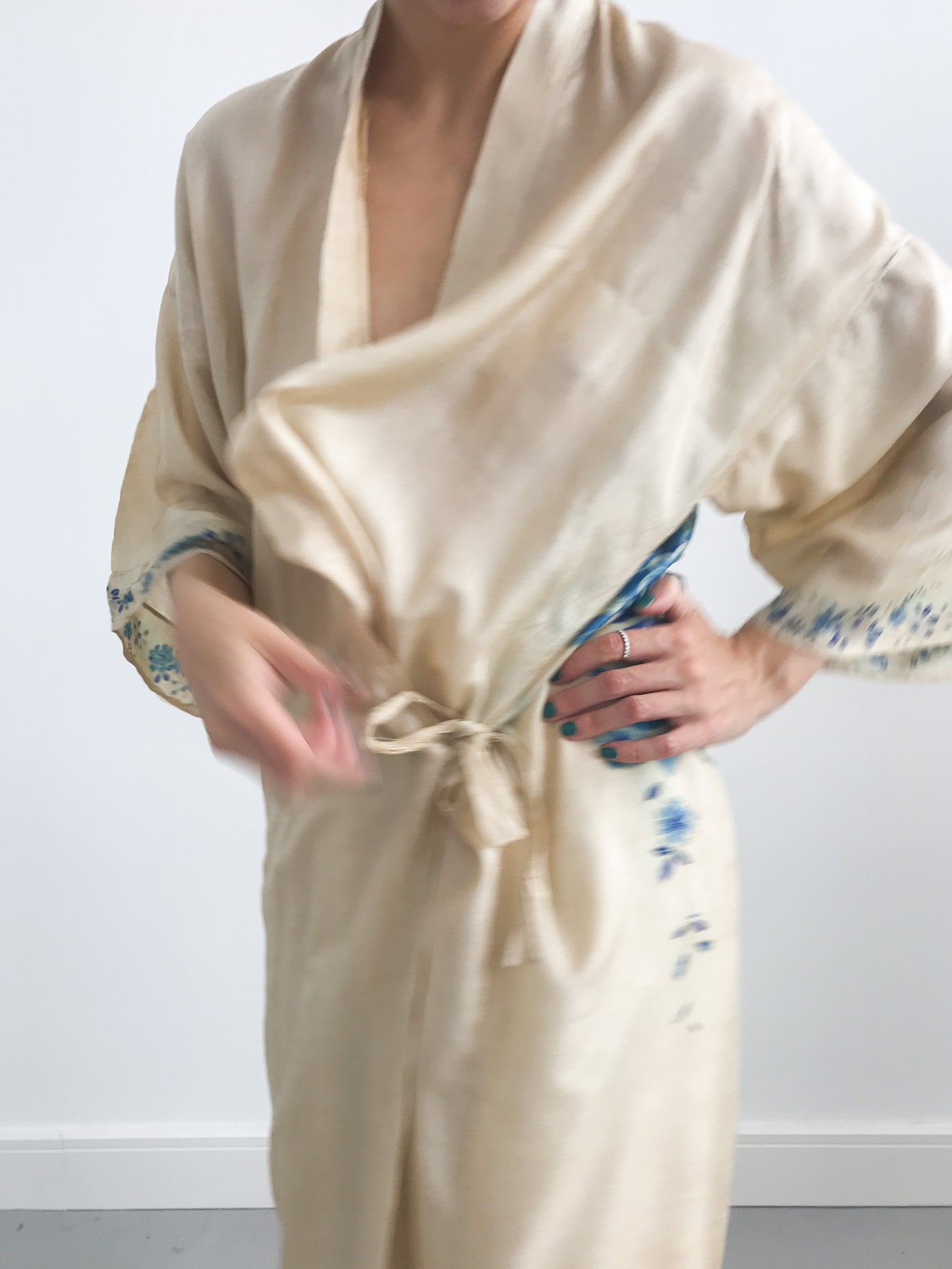 Antique Silk Kimono Robe with Blue Flowers