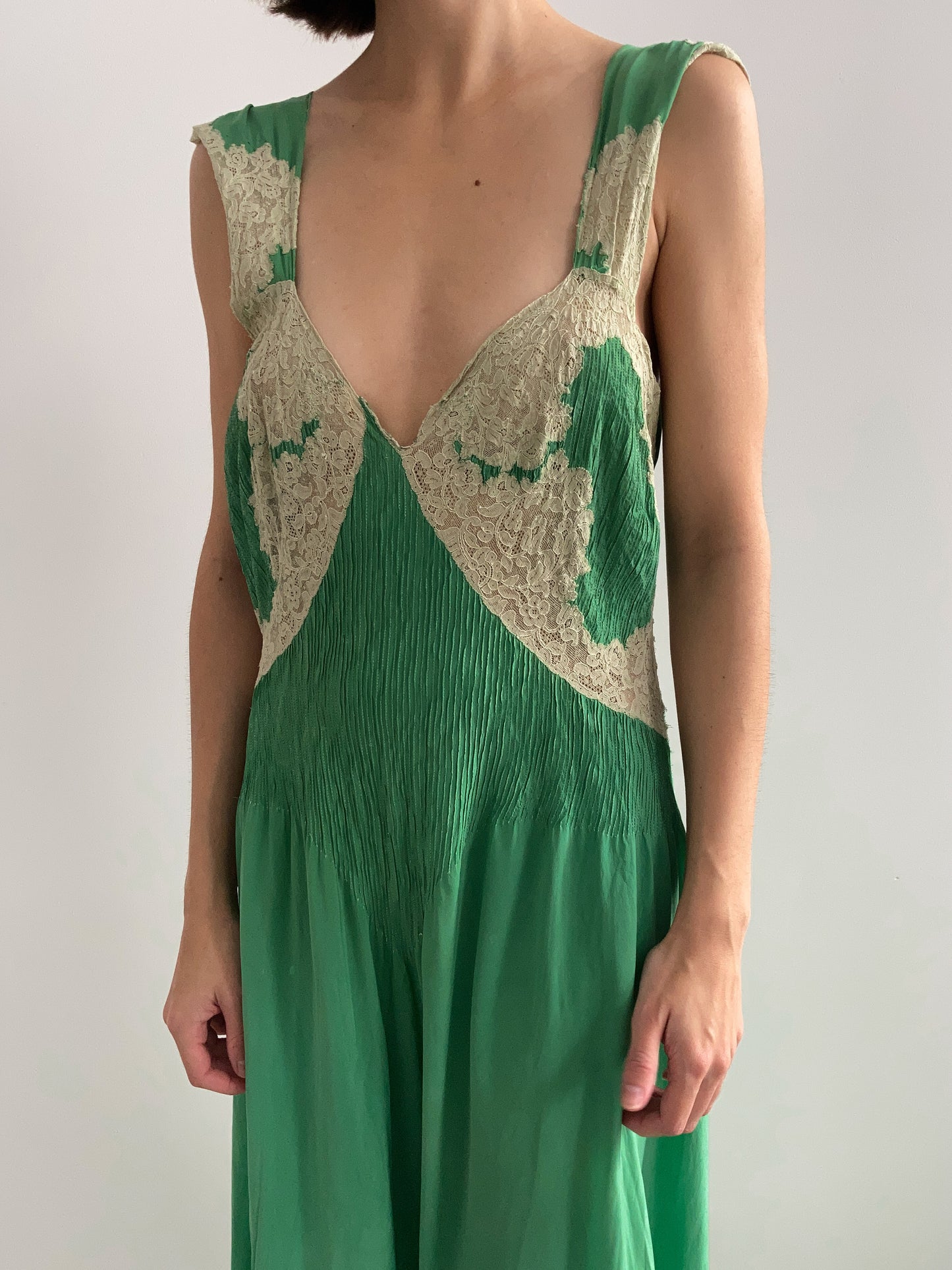 1930s Dyed Silk and Lace Gown - Green