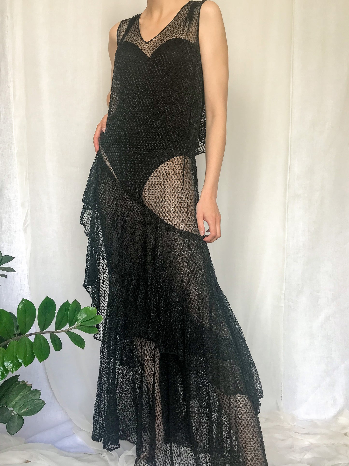 1930s Black Sheer Ruffled Net Gown